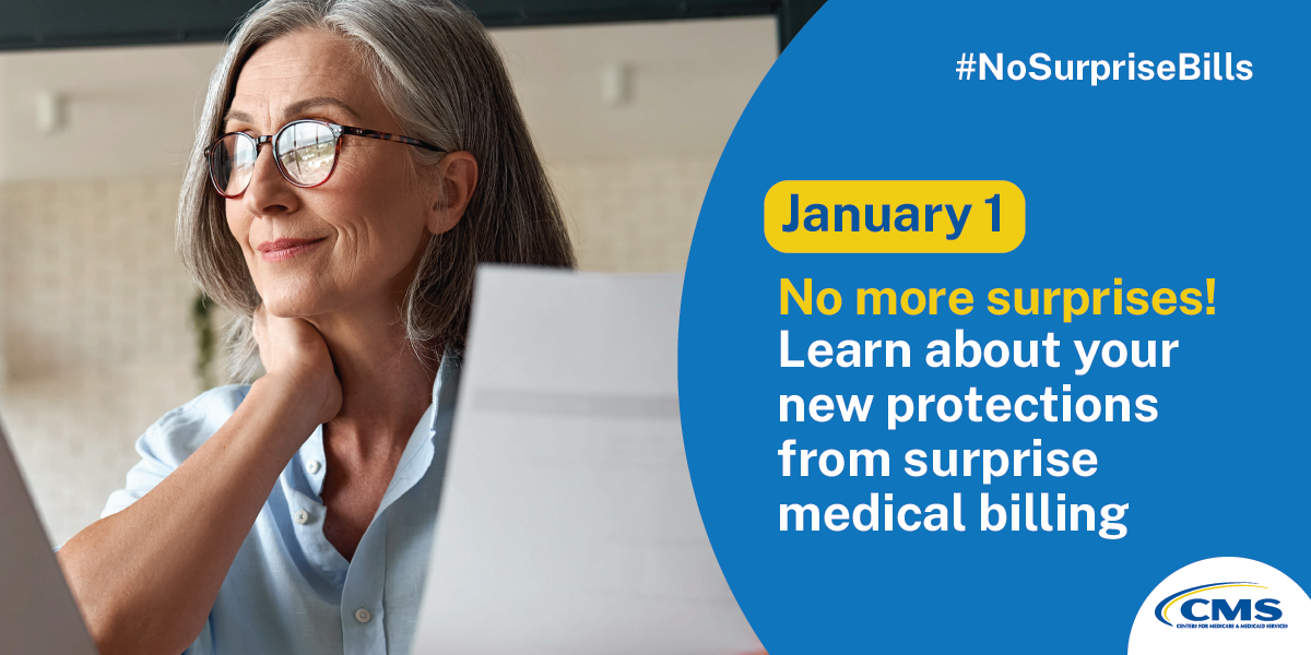 Women seen looking and smiling. Text reads "January 1: No more surprises! Learn about your new protections from surprise medical billing." #NoSurpriseBills in corner.