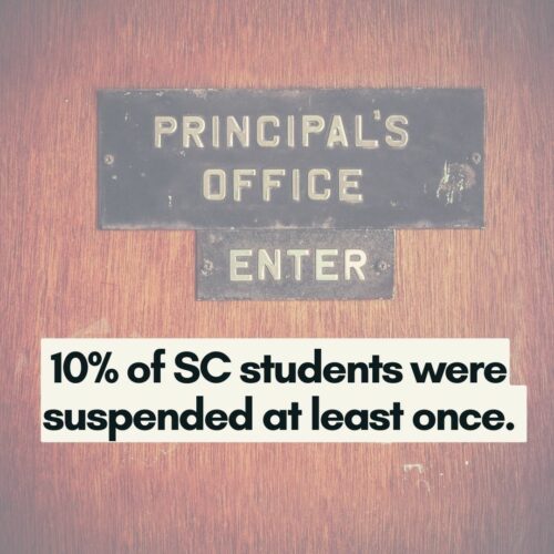 10% of SC Students were suspended at least once. (background of principal's office with enter sign).
